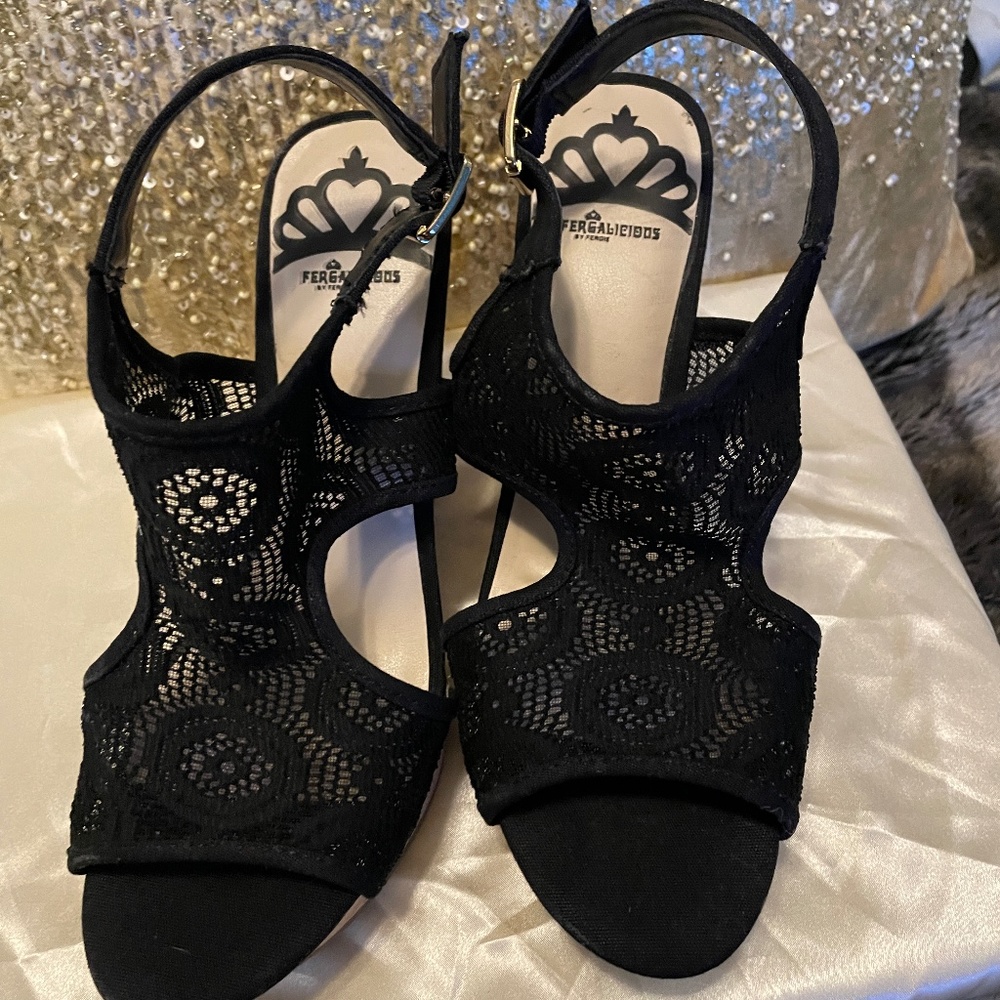 Never Worn! Black Mesh Fergalicious Vandalia Sandal Size 7.5M Wedge 4.5"